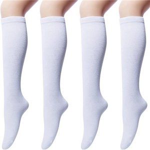 4 Pairs Women's Cotton Knee High Socks, Casual Solid Knit Knee Socks